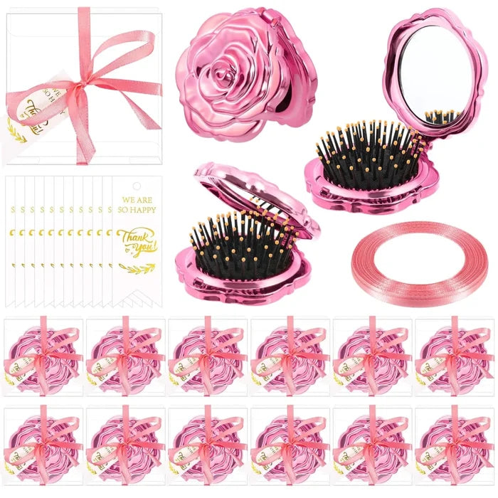 12-piece Rose Mirror and Brush wedding favor set by MANDOTOS INTERNATIONAL featuring elegant pink rose designs