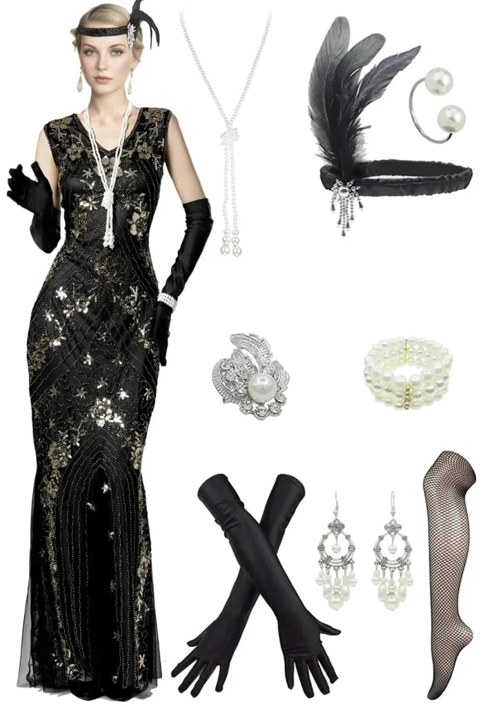 1920s Gatsby sequin gala dress with matching accessories by MANDOTOS INTERNATIONAL, featuring shimmering sequins and vintage elegance.