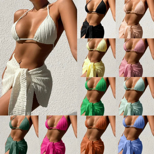 Mandotos International 2026 3pcs girls bikini set with shimmering swimsuit, cover-up dress, and beachwear for swimming and sunbathing.