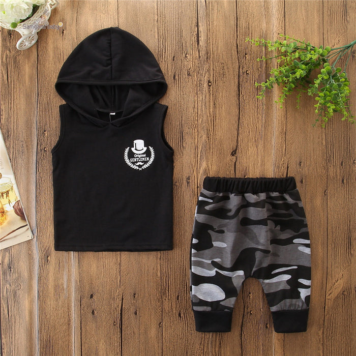 Black sleeveless hoodie with 'Gentleman' print and gray camo pants for toddler boys