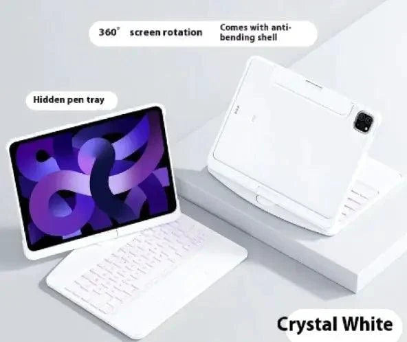 Mandotos 360° swivel keyboard clear case showing a transparent protective cover for a keyboard, with a rotating design.