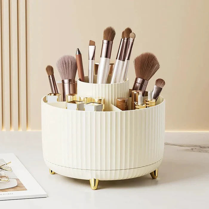 Mandotos 360° swivel makeup brush holder with multiple compartments for organizing cosmetic brushes and tools.