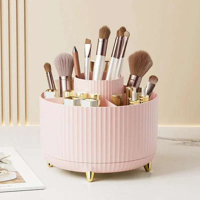 Mandotos 360° swivel makeup brush holder with multiple compartments for organizing brushes and beauty tools.