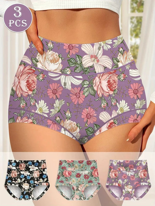 Mandotos 3-piece high-waisted women's panties with printed patterns, tummy tightening, hip lifting, and comfortable fit.