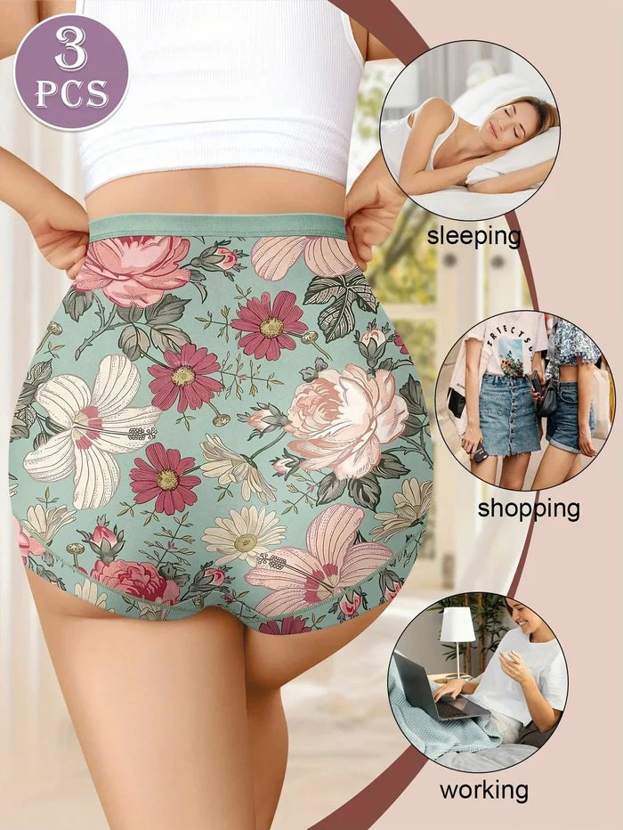 Mandotos 3-pack high waisted women's panties with printed patterns, tummy tightening, and hip lifting for comfortable fit.
