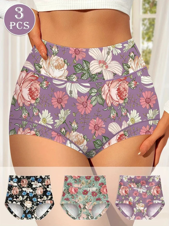 Three pairs of MANDOTOS high-waisted women's panties with printed patterns, tummy tightening, and hip-lifting design for a comfortable fit.
