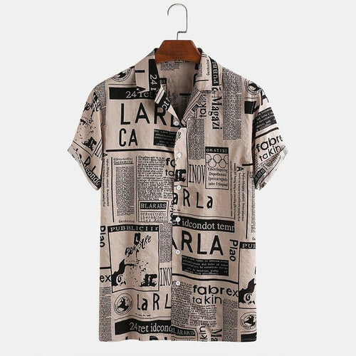 3XL men's vintage Hawaiian shirt by Ancient Energy featuring newspaper print design, casual summer shirt with tropical style.