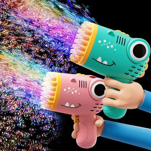 Mandotos 40-hole dinosaur bubble machine, handheld electric bubble gun for outdoor weddings and parties, creates colorful bubbles.