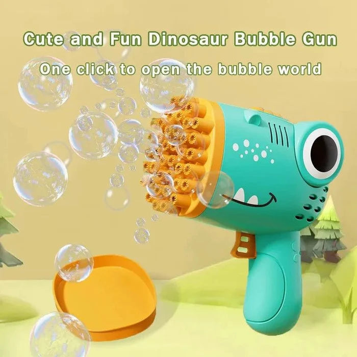 Mandotos 40-hole dinosaur bubble machine, handheld electric bubble gun for outdoor weddings and parties, creates colorful bubbles.