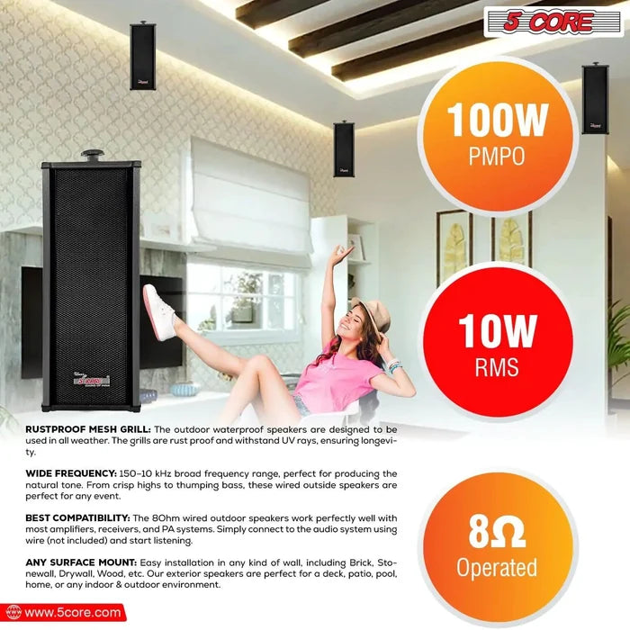 Mandotos 5Core 100W indoor/outdoor stereo speakers with robust design and high power output for versatile audio performance.