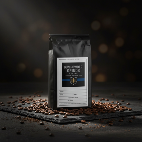 Gun Powder Grinds Six Bean Blend with scattered beans