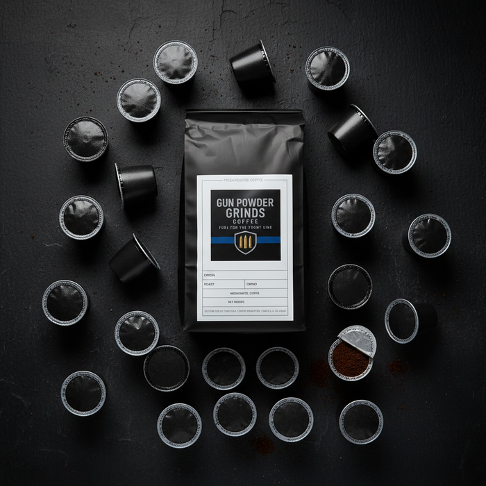 Gun Powder Grinds bag with scattered K-cups overhead