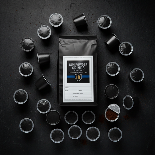Gun Powder Grinds bag with scattered K-cups overhead