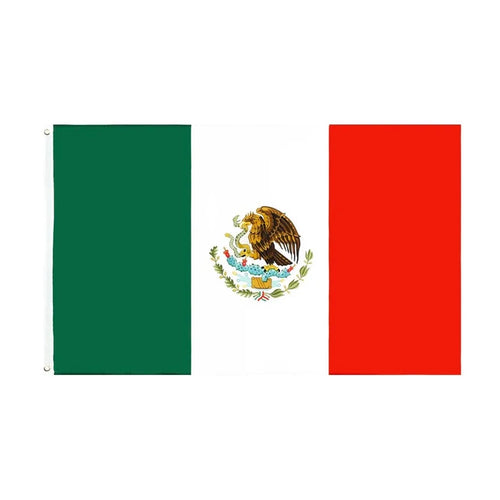 Mexico flag banner tapestry measuring 60x90cm and 90x150cm, featuring vibrant colors and patriotic design by MANDOTOS INTERNATIONAL.