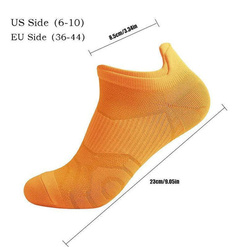 Eight pairs of MANDOTOS women's running socks with cushioning, breathable fabric, and anti-odor features for outdoor sports and hiking.