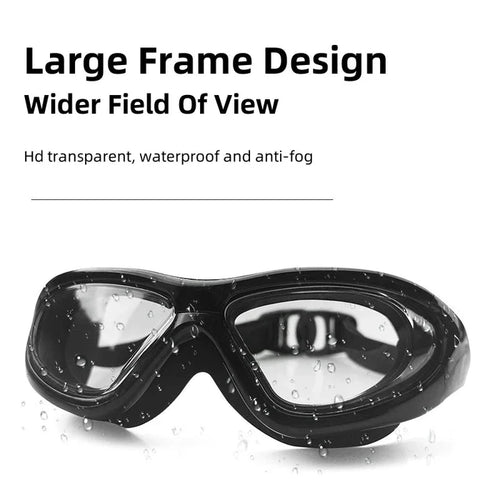 Clear frame adult swim goggles with no-leak lenses for women, designed for sports swimming and water activities.