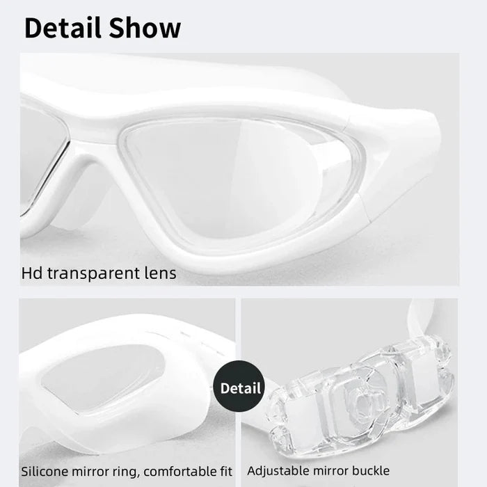 Adult women wearing clear frame swim goggles with no-leak lenses, suitable for sports and swimming activities.