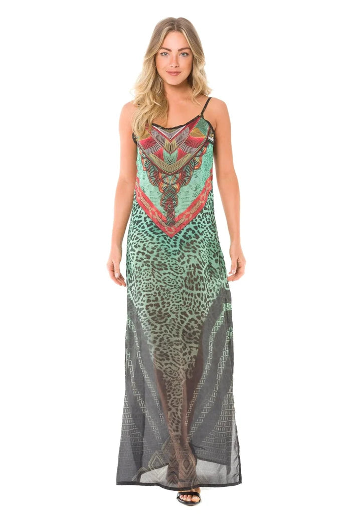 Mandotos Africa long dress featuring vibrant African print fabric and flowing silhouette, perfect for elegant occasions.