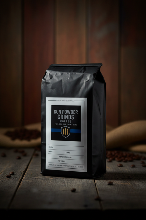Gun Powder Grinds African Espresso on wooden surface
