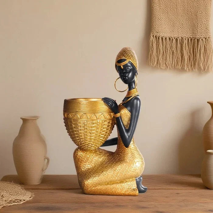 African girl holding a plate sculpture, vintage decorative storage ornament for home or office, crafted by MANDOTOS INTERNATIONAL.