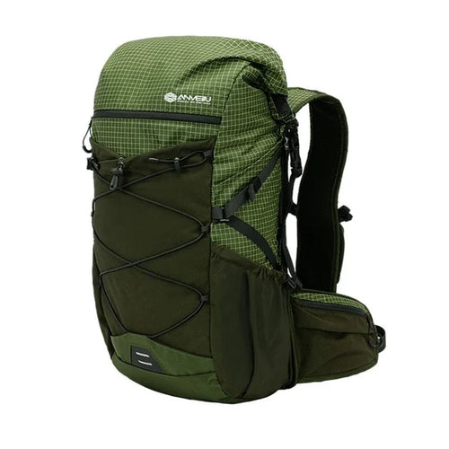 Large nylon backpack by Mandotos International ideal for mountain camping, travel, and hiking with spacious capacity and durable design.