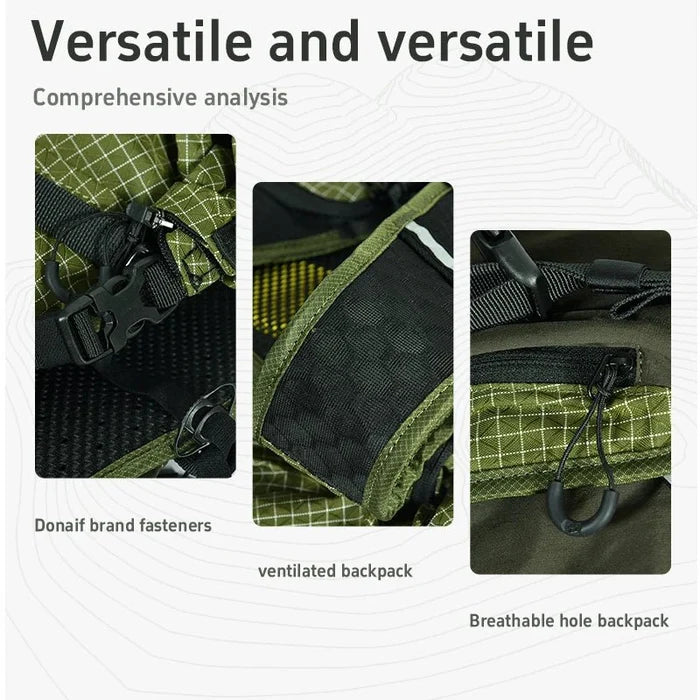 Mandotos International ANMEILU large capacity nylon backpack for mountain camping, hiking, and travel with multiple compartments.
