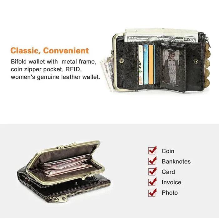 Mandotos authentic leather ladies' wallet with multiple card slots and a sleek design, made of high-quality brown leather.