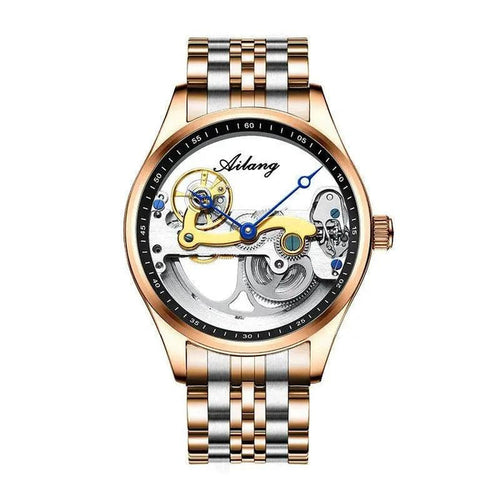 Mandotos automatic mechanical men's watch with a creative hollow design and silicone band, showcasing intricate watch details.