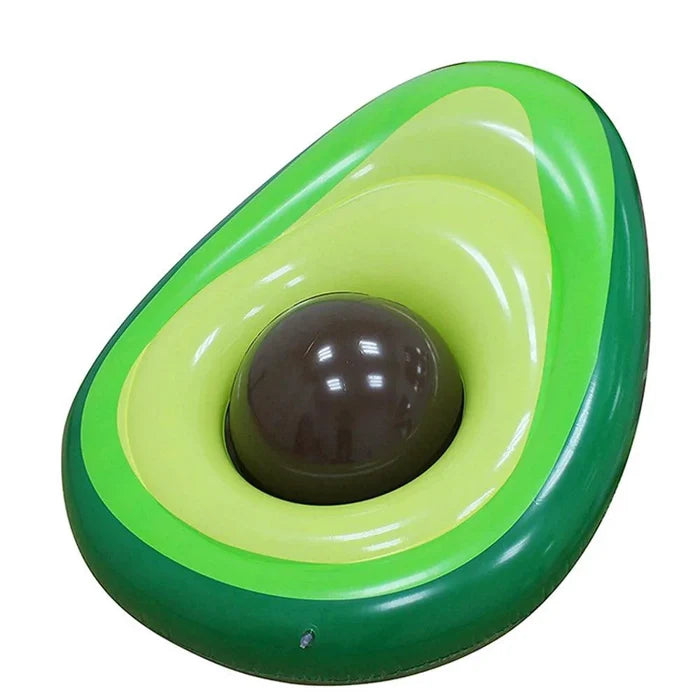 Mandotos avocado-shaped inflatable pool filled with water, featuring green and brown avocado design for outdoor summer fun.