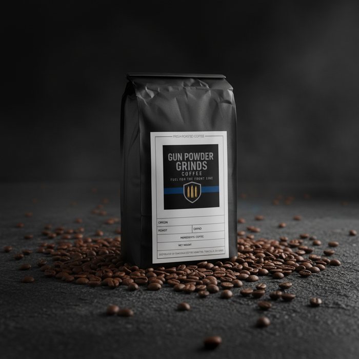 Gun Powder Grinds Bali Blue with scattered beans