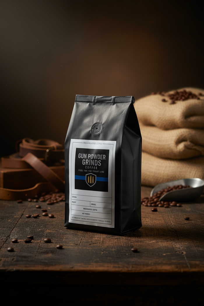 Gun Powder Grinds Bali Blue on wooden surface