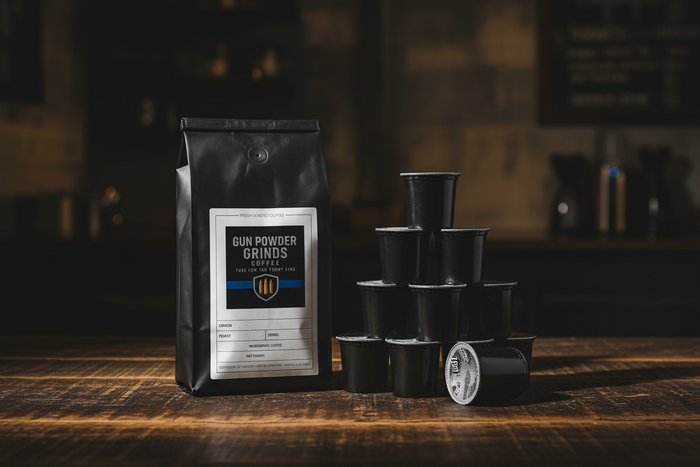 Gun Powder Grinds bag with K-cup stack