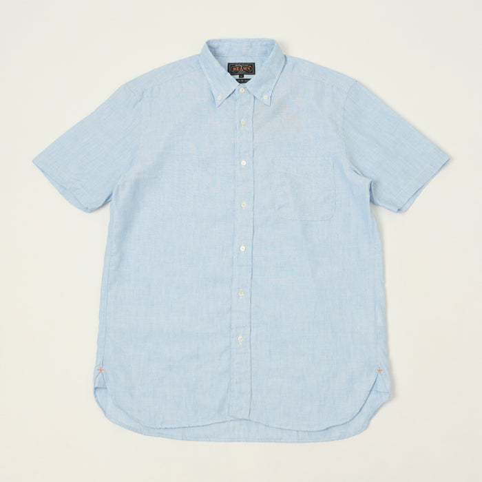Beams Plus Button Down Coolmax Linen Short Sleeve Shirt - Sax