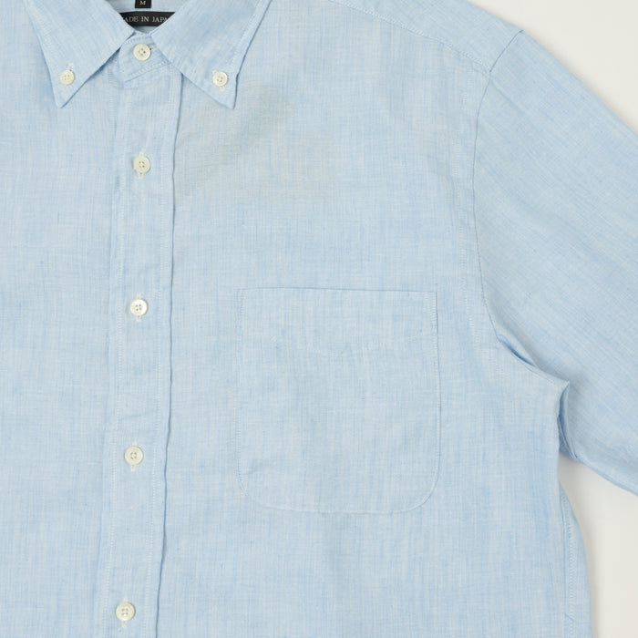 Beams Plus Button Down Coolmax Linen Short Sleeve Shirt - Sax