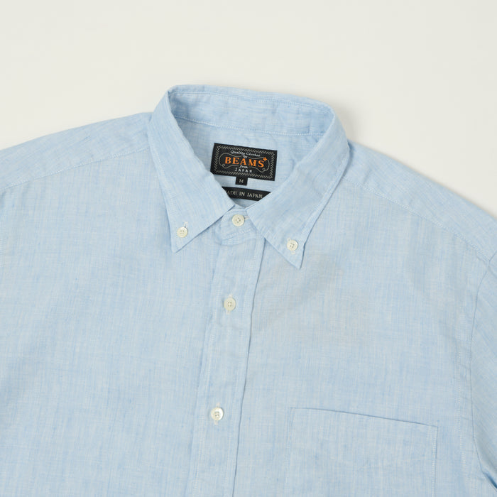 Beams Plus Button Down Coolmax Linen Short Sleeve Shirt - Sax