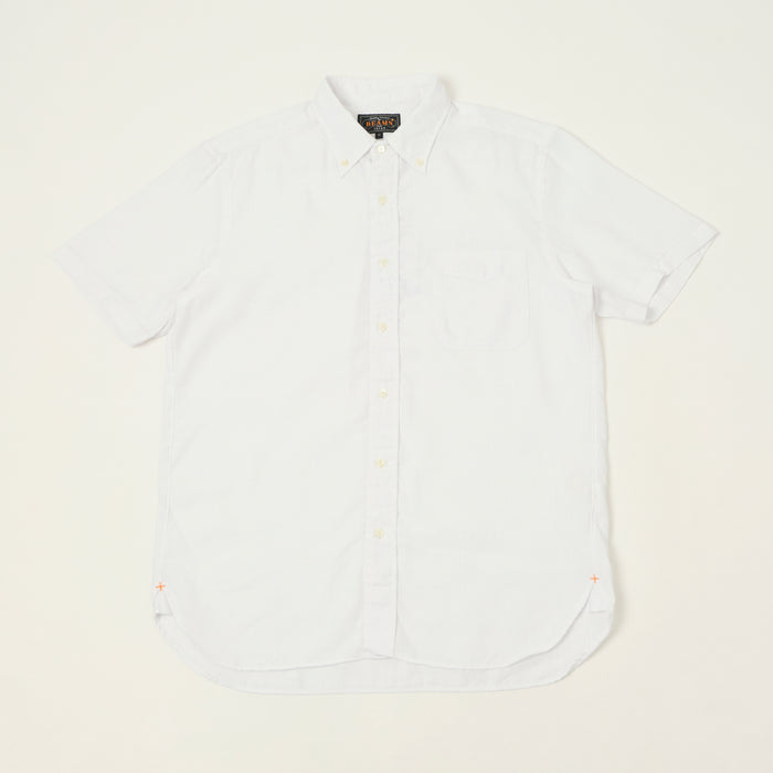 Beams Plus Button Down Coolmax Linen Short Sleeve Shirt - White