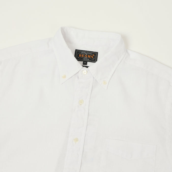 Beams Plus Button Down Coolmax Linen Short Sleeve Shirt - White
