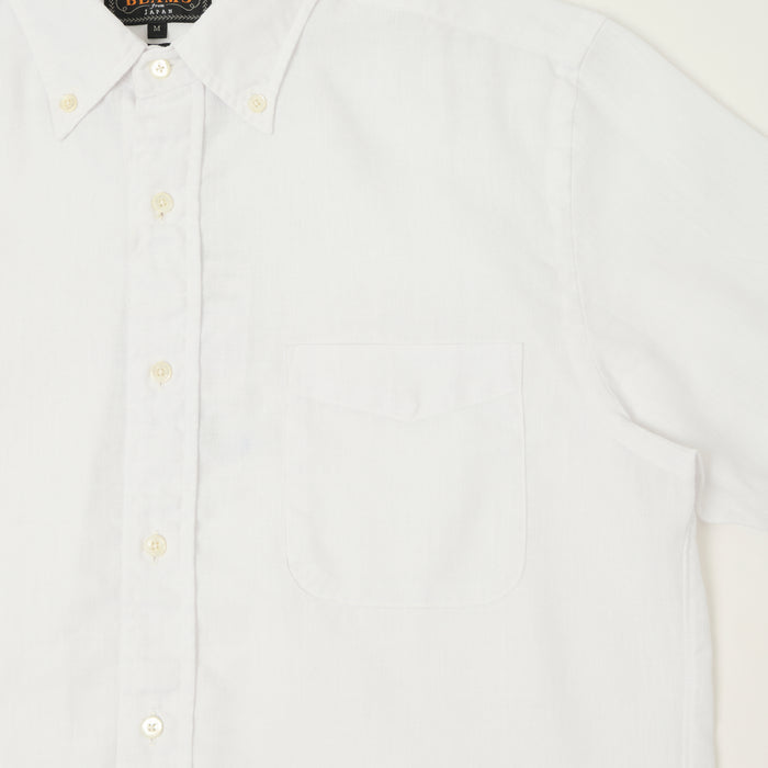 Beams Plus Button Down Coolmax Linen Short Sleeve Shirt - White
