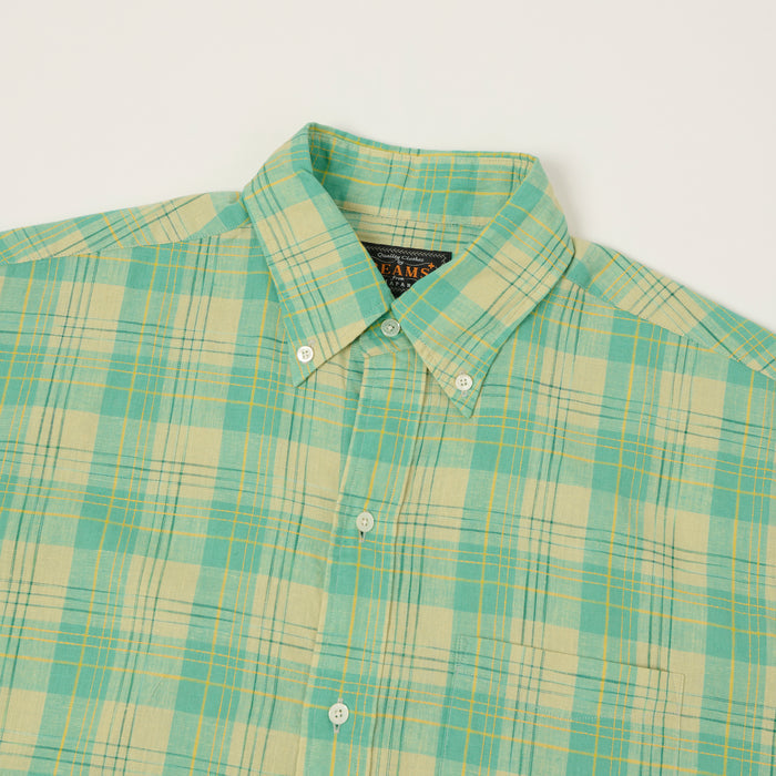 Beams Plus Button Down Cotton/Linen Short Sleeve Shirt - Green