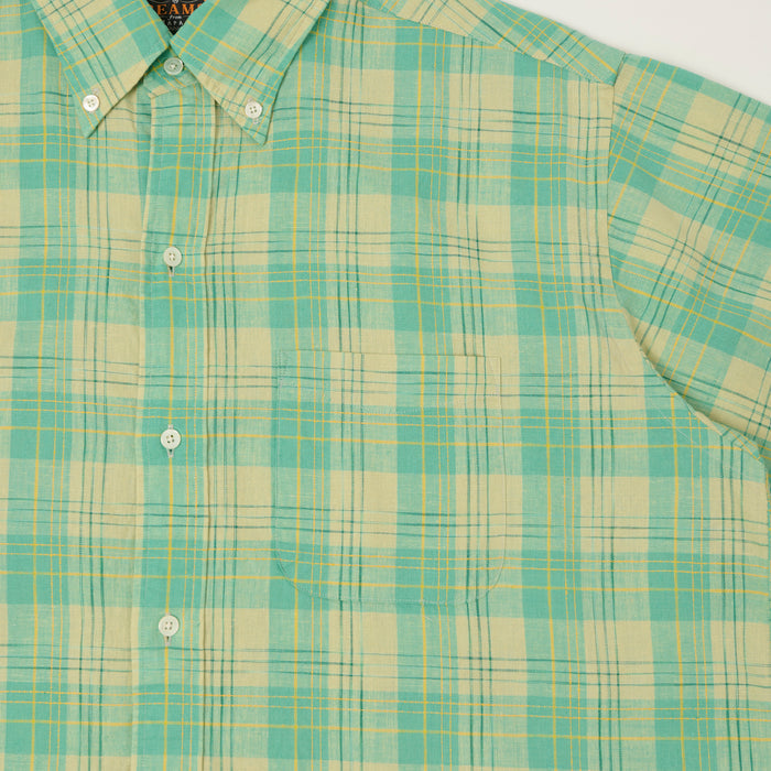 Beams Plus Button Down Cotton/Linen Short Sleeve Shirt - Green