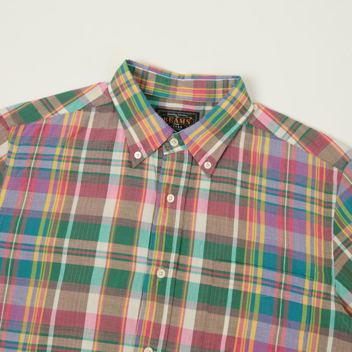 Beams Plus  Button Down Short Sleeve Madras Shirt - Pink