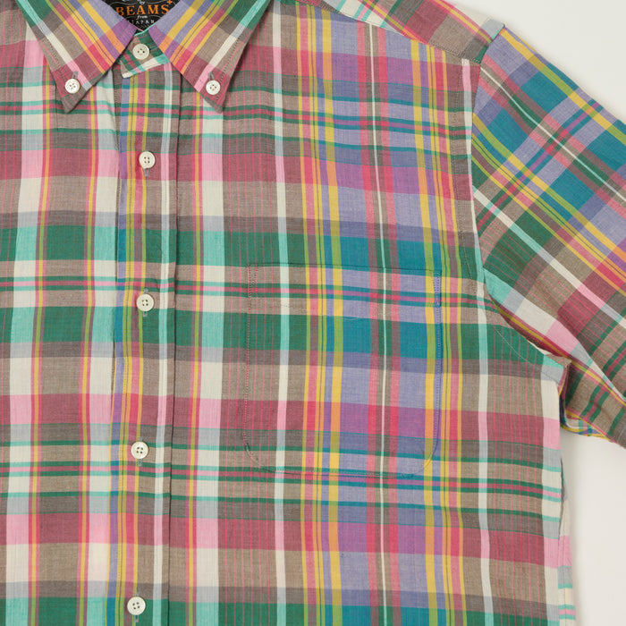 Beams Plus  Button Down Short Sleeve Madras Shirt - Pink