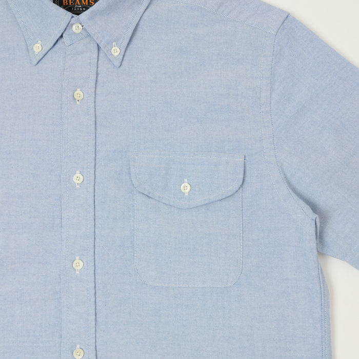 Beams Plus Button Down Short Sleeve Oxford Shirt - Sax