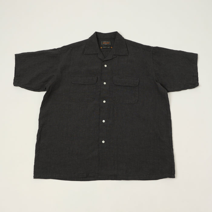 Beams Plus Open Collar Short Sleeve Linen Shirt - Charcoal