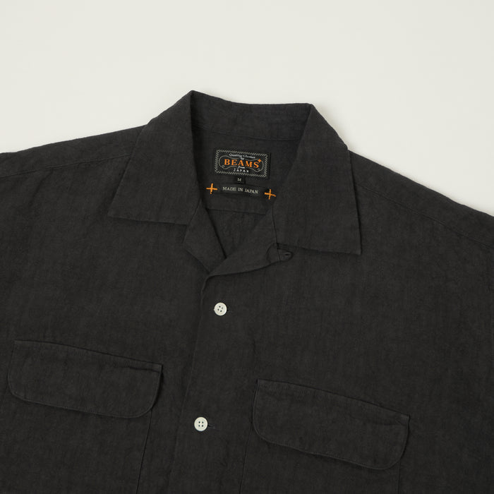 Beams Plus Open Collar Short Sleeve Linen Shirt - Charcoal