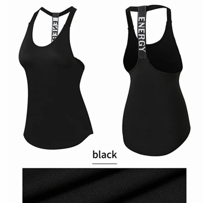 Black sleeveless yoga top for women by Mandotos International, backless fitness shirt, featuring a comfortable fit for active wear.