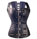 Black steampunk faux leather overbust corset by MANDOTOS with lace-up front and metal accents, designed for a bold, vintage-inspired look.