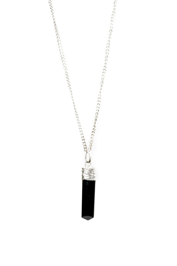 Silver-plated Black Tourmaline Protection Pendant from Ancient Energy, showcasing a polished black tourmaline stone on a silver chain.
