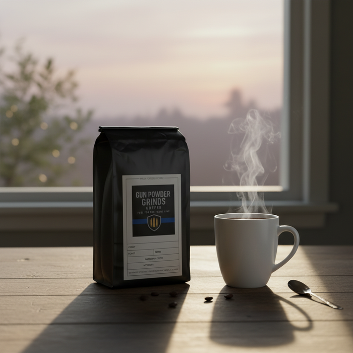 Gun Powder Grinds with steaming mug