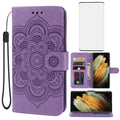 Purple leather wallet case with screen protector for Galaxy S21 Ultra by Mandotos International, featuring card slots and secure closure.